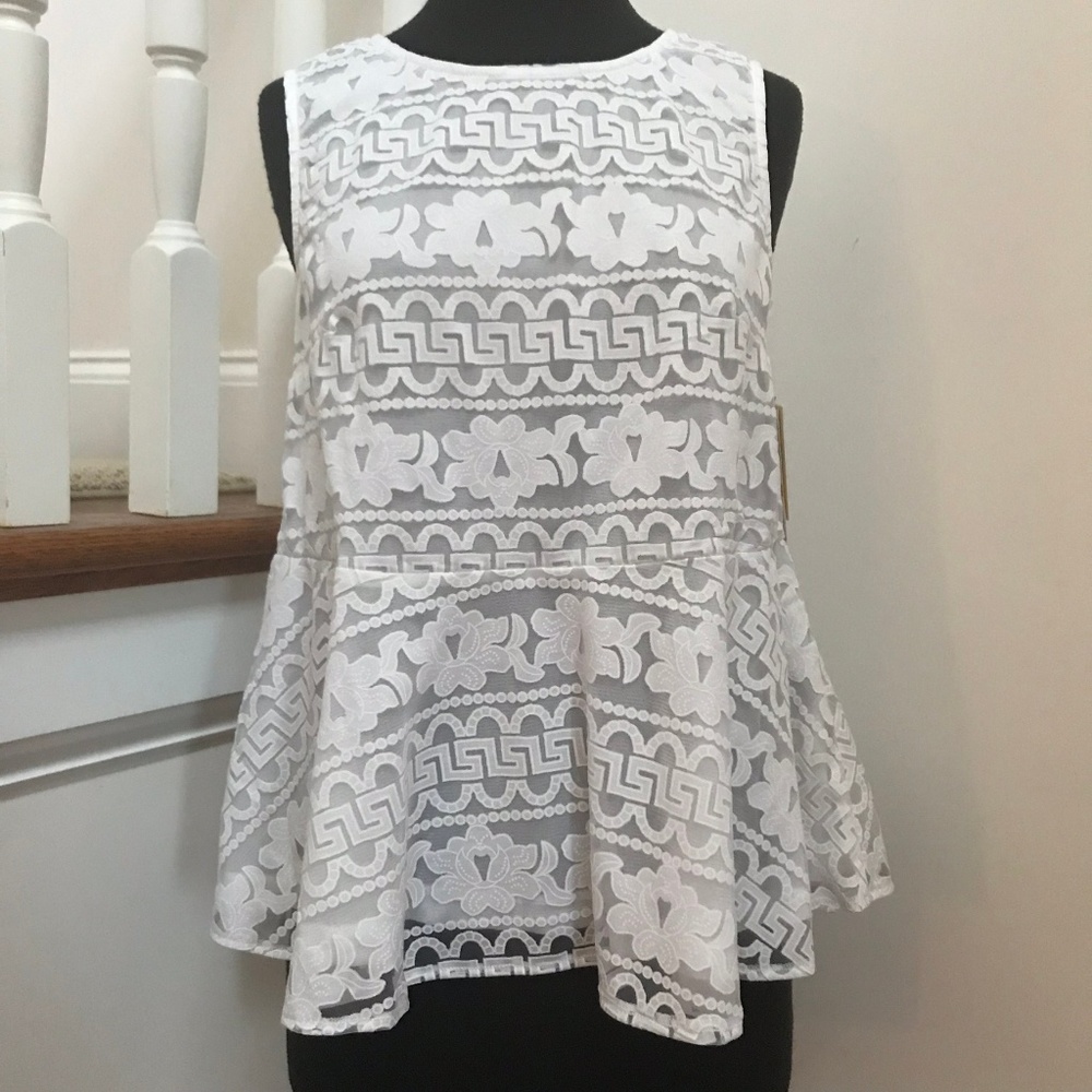 NWT ECI New York Peplum Lace White Top Size Small